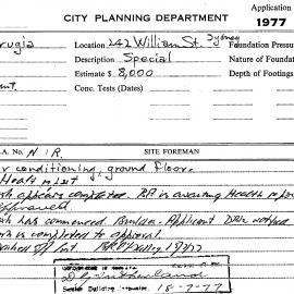 Building Inspectors Card: 242 William St, Sydney. Air conditioning, ground floor, approved 