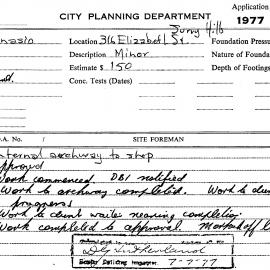 Building Inspectors Card: 316 Elizabeth St, Surry Hills. Internal archway to shop, approved 