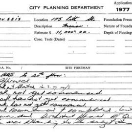 Building Inspectors Card: 175 Pitt St. Alts to 20th floor, approved 15/02/1977. 1 Card.