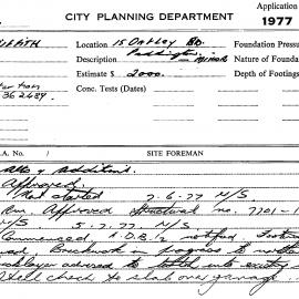 Building Inspectors Card: 15 Oatley Rd, Paddington. Alts & additions, approved 29/03/1977. 1 Card.