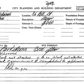Building Inspectors Card: 86 Pitt St. Partitions 3rd floor, approved 6/06/1974. 1 Card.