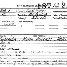 Building Inspectors Card: University of Sydney - Substation, widen driveway, Wesley College - 