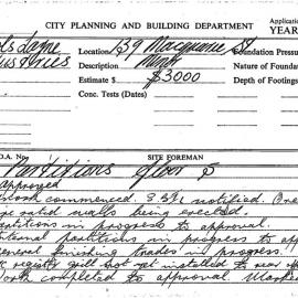 Building Inspectors Card: 139 Macquarie St. Partitions floor 5, approved 1/07/1974. 1 Card.