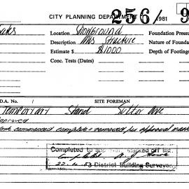 Building Inspectors Card: Showground. Temporary stand, Suttor Avenue approved 29/03/1983