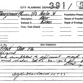 Building Inspectors Card: 7/13 Hunter Street - Fit out Shop F16 - Application approved, 1983