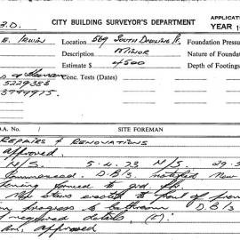 Building Inspectors Card: 569 South Dowling St. Repairs & renovations, approved 18/01/1973. 1 Card. 