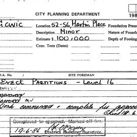 Building Inspectors Card: 52/56 Martin Place. Erect partitions, level 16 - Application approved, 