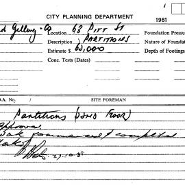 Building Inspectors Card: 68 Pitt Street. Partitions (22nd Floor)