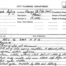 Building Inspectors Card: Olympia Refrigeration, George Street - Alterations to shop 10 & 12 - 