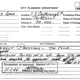 Building Inspectors Card: 1/7 Castlereagh Street - Erect partitions, 7th floor - Application 