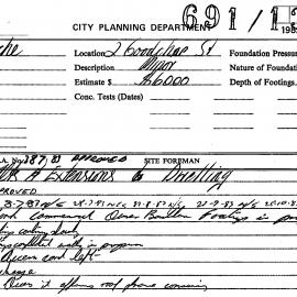 Building Inspectors Card: 2 Goodchap Street. Alterations & extension to dwelling