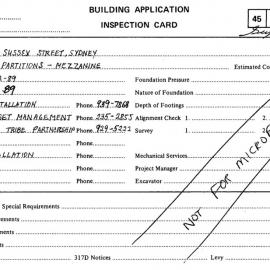 Building Inspectors Card: 234 - 238 Sussex Street, Sydney - Office Partitions - Mezzanine, 1989