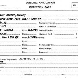 Building Inspectors Card: 56 - 66 Dixon Street, Sydney - Fit out take - away food shop - Shop F9, 