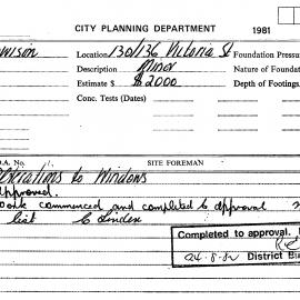 Building Inspectors Card: 130/136 Victoria Street. Alterations to Windows