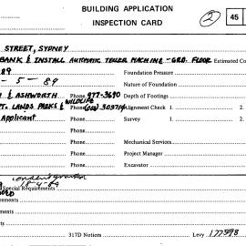 Building Inspectors Card: 129 King Street, Sydney - Fit out bank and Install automatic Teller 