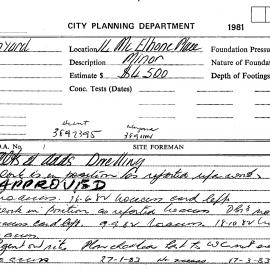 Building Inspectors Card: 14 McElhone Place. Alterations and Additions to Dwelling
