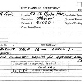 Building Inspectors Card: 52/56 Martin Place. Fit out shop 16, Level 1 - Application approved, 1986