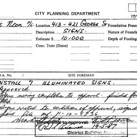 Building Inspectors Card: 413/421 George Street - Install 7 illuminated signs - Application 
