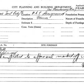 Building Inspectors Card: RAS Showground, 34 Machinery Ave. Stall, approved 23/03/21973. 1 Card.