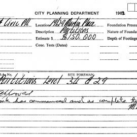 Building Inspectors Card: City Planning Department - 19/29 Martin Place. Partitions Levels 34 & 29