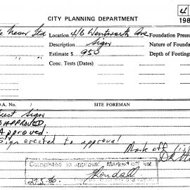 Building Inspectors Card: 4/6 Wentworth Avenue Erect sign - Application approved 1986 