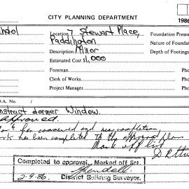 Building Inspectors Card: 7 Stewart Place, Paddington - Application to construct dormer window 
