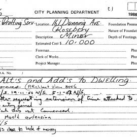 Building Inspectors Card: 161 Dunning Avenue Rosebery - Alterations and additions to dwelling
