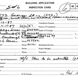 Building Inspectors Card: 537 - 543 George Street, Sydney - Alterations to form office, sweet bar, 