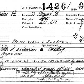 Building Inspectors Card: 22 Stewart St - Alterations & extensions to dwelling - Application 