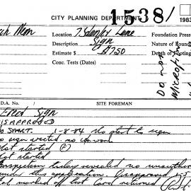 Building Inspectors Card: 7 Stanley Lane. Erect sign - Application refused 1984