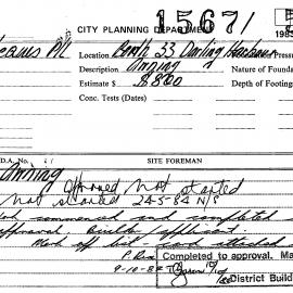 Building Inspectors Card: Berth 33 Darling Harbour. Awning - Application approved 1984