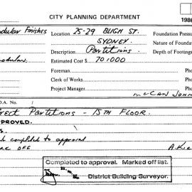 Building Inspectors Card: 25/29 Bligh Street, Sydney - Erect partitions, 15th floor