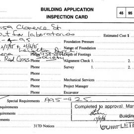 Building Inspectors Card: 153 - 159 Clarence Street, Sydney - Fit out for laboratories, 1995