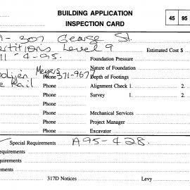 Building Inspectors Card: 289 - 307 George Street, Sydney - Partitions level 9, 1995