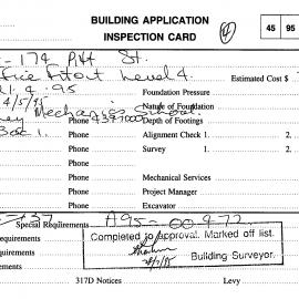 Building Inspectors Card: 168 - 174 Pitt Street, Sydney - Office Fit out level 4, 1995
