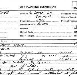 Building Inspectors Card: 10 Dixon Street Sydney - Erect signs