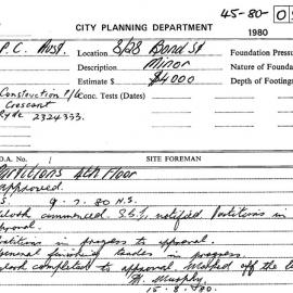 Building Inspectors Card: 8 - 28 Bond Street. Partitions 4th floor
