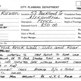 Building Inspectors Card: 53 Buckland Street Alexandria - Erect brick wall side and rear of 