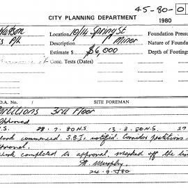 Building Inspectors Card: 10 - 14 Spring Street. Partitions 3rd floor