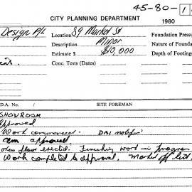 Building Inspectors Card: 89 Market Street. Showrom