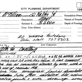 Building Inspectors Card: 22 Walter St - Alterations to dwelling - Application approved 1984