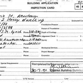 Building Inspectors Card: 94 Gowrie Street, Newtown - Erect 2 storey dwelling, 1988