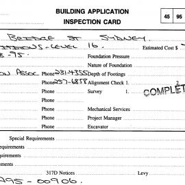 Building Inspectors Card: 50 Bridge Street, Sydney - Partitions level 16, 1995
