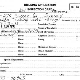 Building Inspectors Card: 273-275 Sussex Street, Sydney - Refurbish ground level facade, 1995