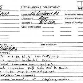 Building Inspectors Card: 316 Gardeners Road Additions - Application approved, 1983 