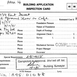 Building Inspectors Card: 432 - 434 Kent Street, Sydney - Fit out ground floor as cafe, 1995