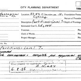 Building Inspectors Card: 83/85 Clarence Street, Sydney - Partitions level 7 - Application 