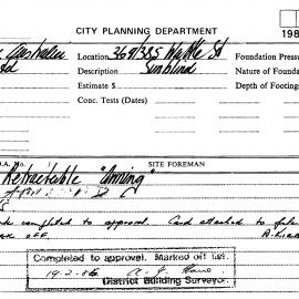 Building Inspectors Card: 369/385 Wattle Street - Retractable awning - Application approved, 1984