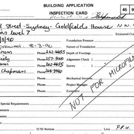 Building Inspectors Card: 1 Alfred Street, Sydney - Partitions level 7, 1990