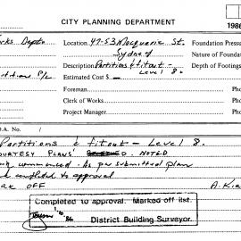 Building Inspectors Card: 47/53 Macquarie Street, Sydney - Partitions & fit out level 8, Courtesy 
